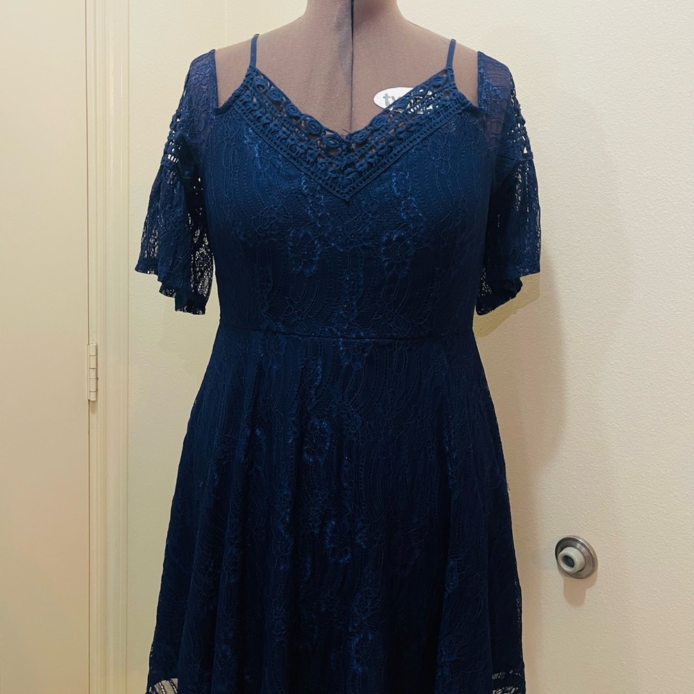 City Triangles Navy Lace Cold Shoulder Midi Dress